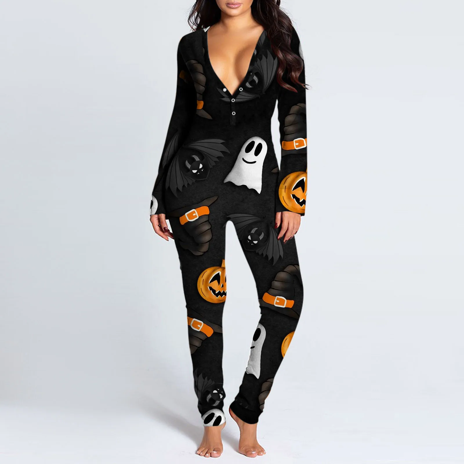 

Женский Пижамный комбинезон на пуговицах, функциональный облегающий Пижамный комбинезон на пуговицах с принтом на Хэллоуин, длинные брюки,...
