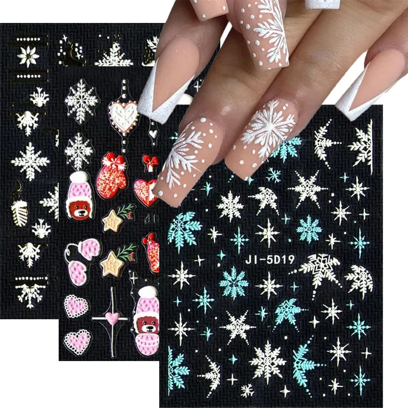 

1Sheet 5D Xmas Snow-flakes Nail Sticker 7.8*6cm Christmas Embossed Slider Nail Decals 2023 New Year Manicure Nail Art Decoration