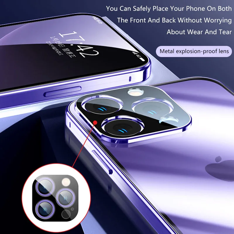 Double Sided Glass Anti-Peeping Privacy Metal Magnetic Buckle Case For iPhone 14 13 11 12 Pro Max With Camera Lens Protect Cover
