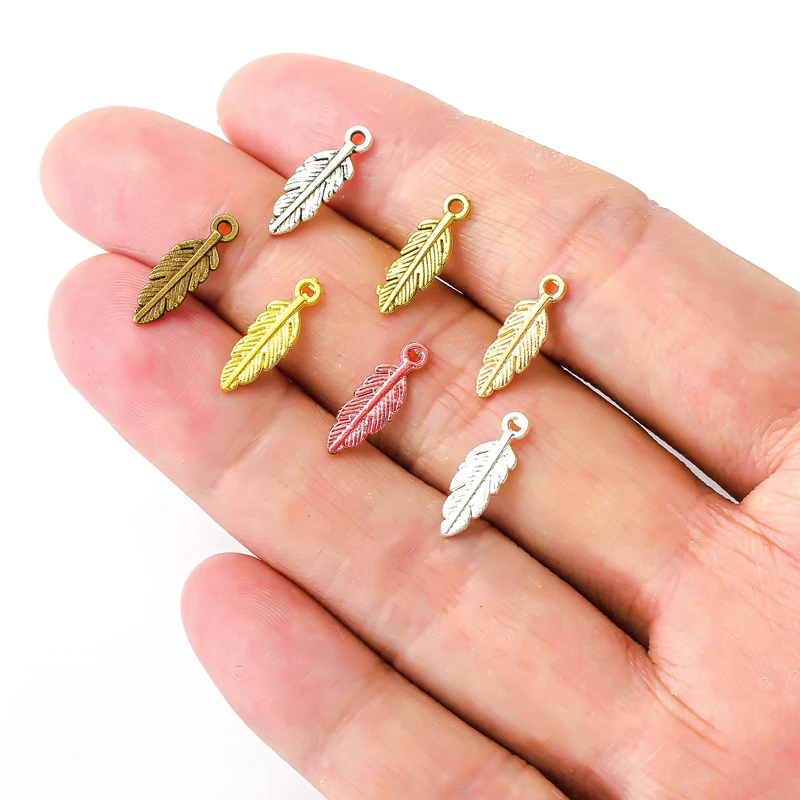 50 шт. 7 цветов очаровательные маленькие перья из цинкового сплава DIY серьги браслет ювелирные изделия фурнитура ювелирные аксессуары 15x5 мм