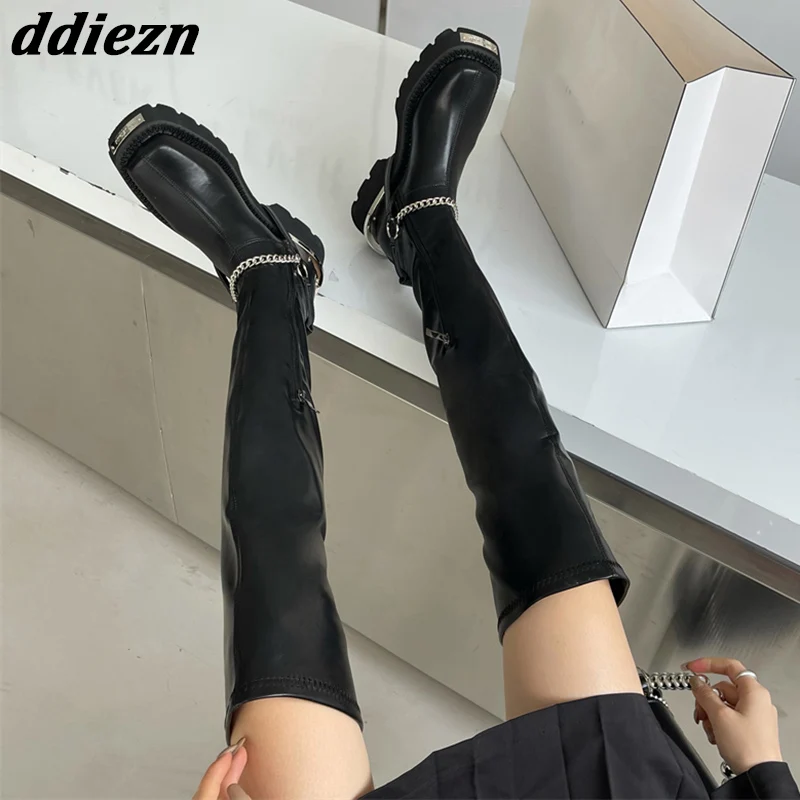 

Over-the-Knee Stretch Boots For Women Autumn 2023 New Fashion Ladies Long Boots With Heel Pumps Metal Chain Female Booties