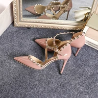 2022 new leather summer womens sandals pointed toe thin heel shallow sexy high heeled shoes rivet ankle strap women sandals6 8c
