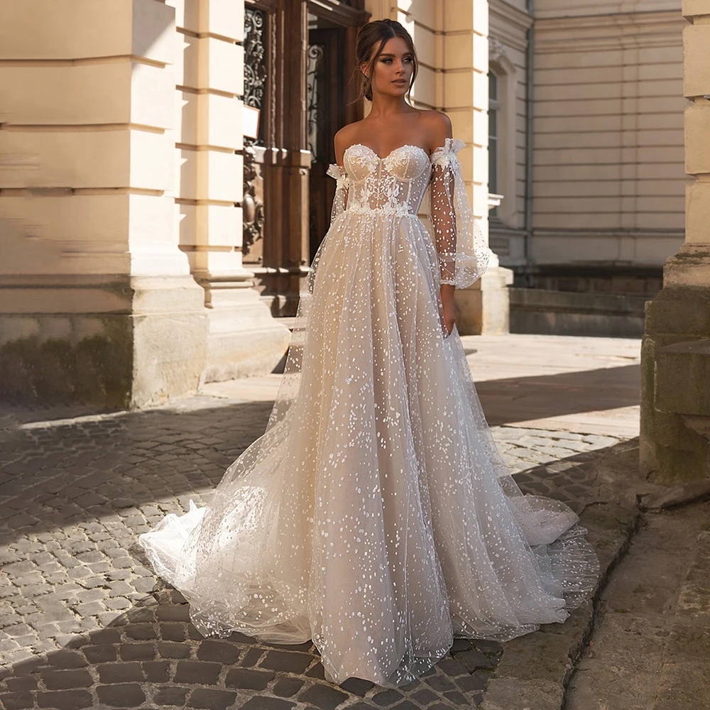 

2022 Sweetheart Collar Strapless Detachable Puff Sleeves A-Line Wedding Dress For Bride Backless Glitter Dot Tulle Robe De Marié