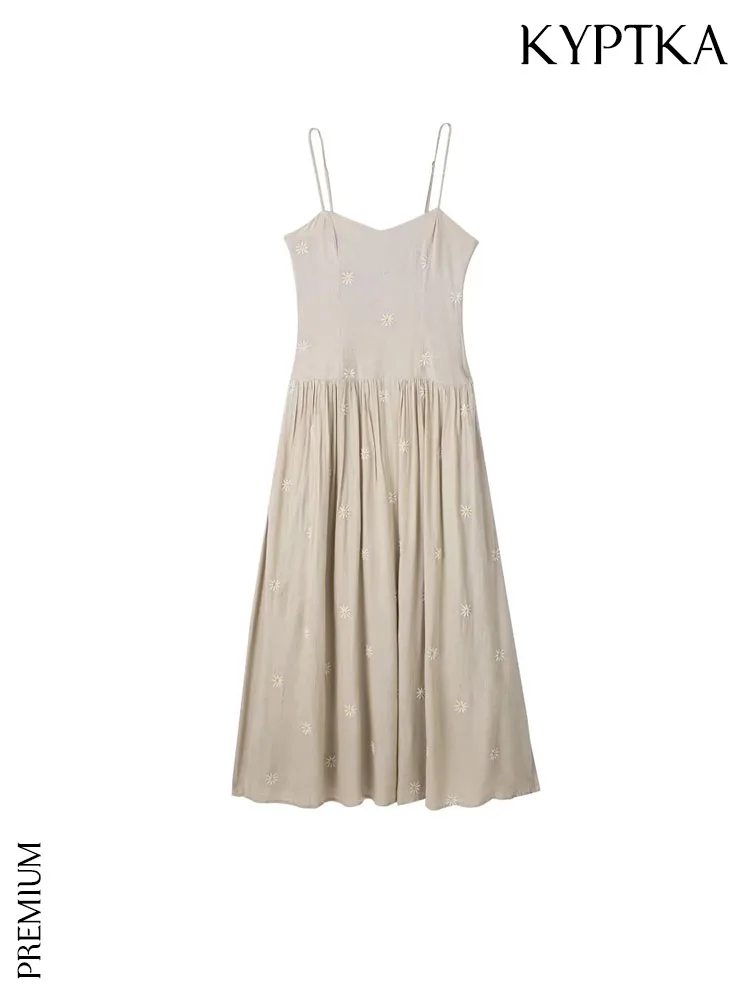 

Женское платье-миди с вышивкой KYPTKA, белое льняное платье с открытой спиной, на тонких бретельках, с молнией сбоку, на лето 2019