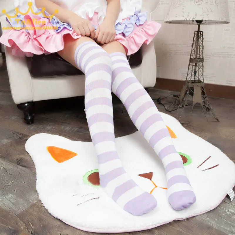 1Pair New Women Girls Over Knee Long Stripe Printed Thigh High Striped Patterned Socks 7 Colors Sweet Cute Warm Wholesale Lot