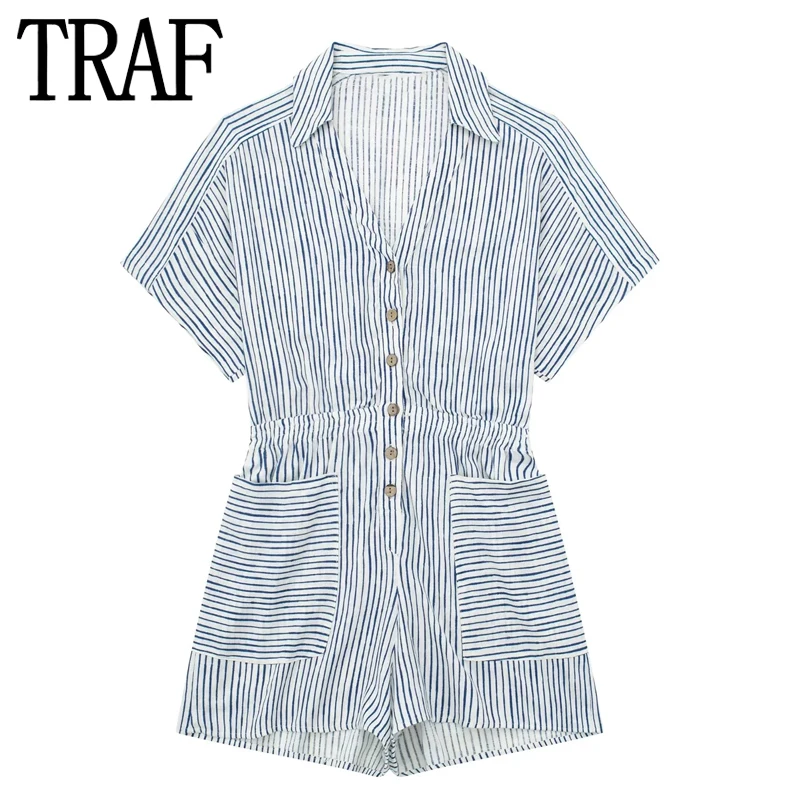 

TRAF 2023 Striped Jumpsuit Short Woman Blue Short Sleeve Summer Jumpsuit For Women Fashion Pockets Casual Women's Loose Overalls