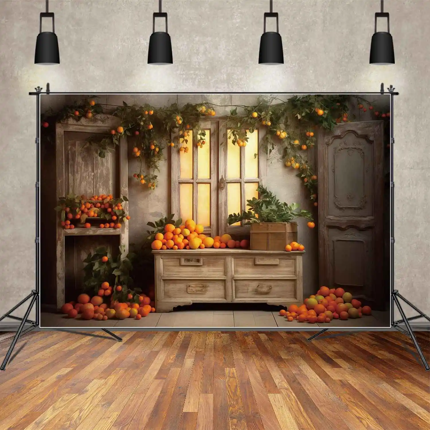 

MOON.QG Background Autumn Thanksgiving Ripe Orange Party Decoration Backdrop Customized Rural Wood Home Window Door Photo Booth