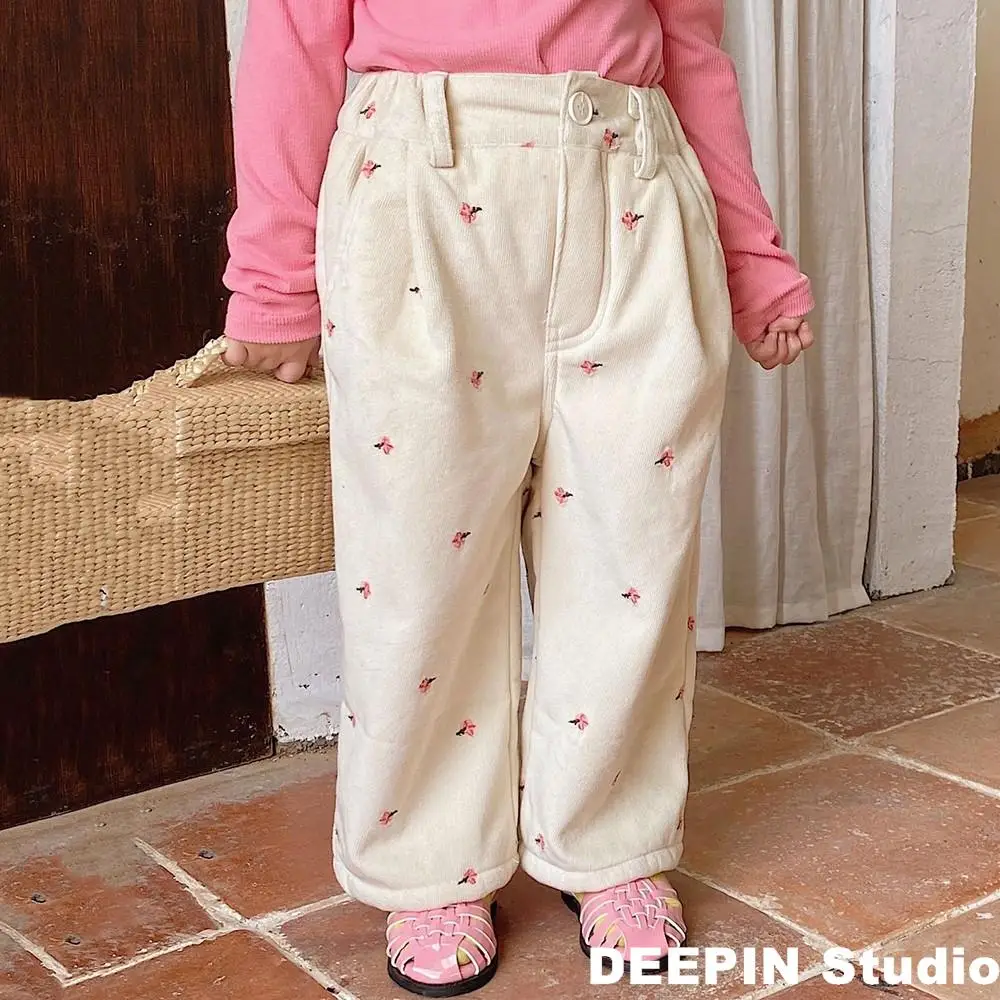 

Girls Boys Embroidery Corduroy Trousers 2022 New Thicken Warm Pants Children's Baby Loose Polar Fleece Inner Lovely Casual Pants