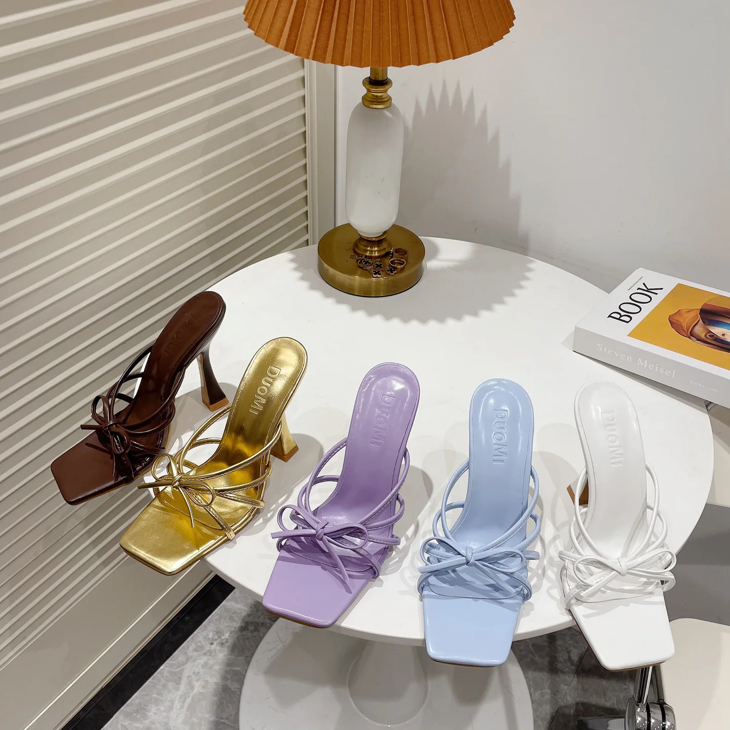 

H888-2 French Lady High-heeled Sandals Square Head Thin Bow Tie Thin Heel Slippers Casual Fashion Women's Shoes