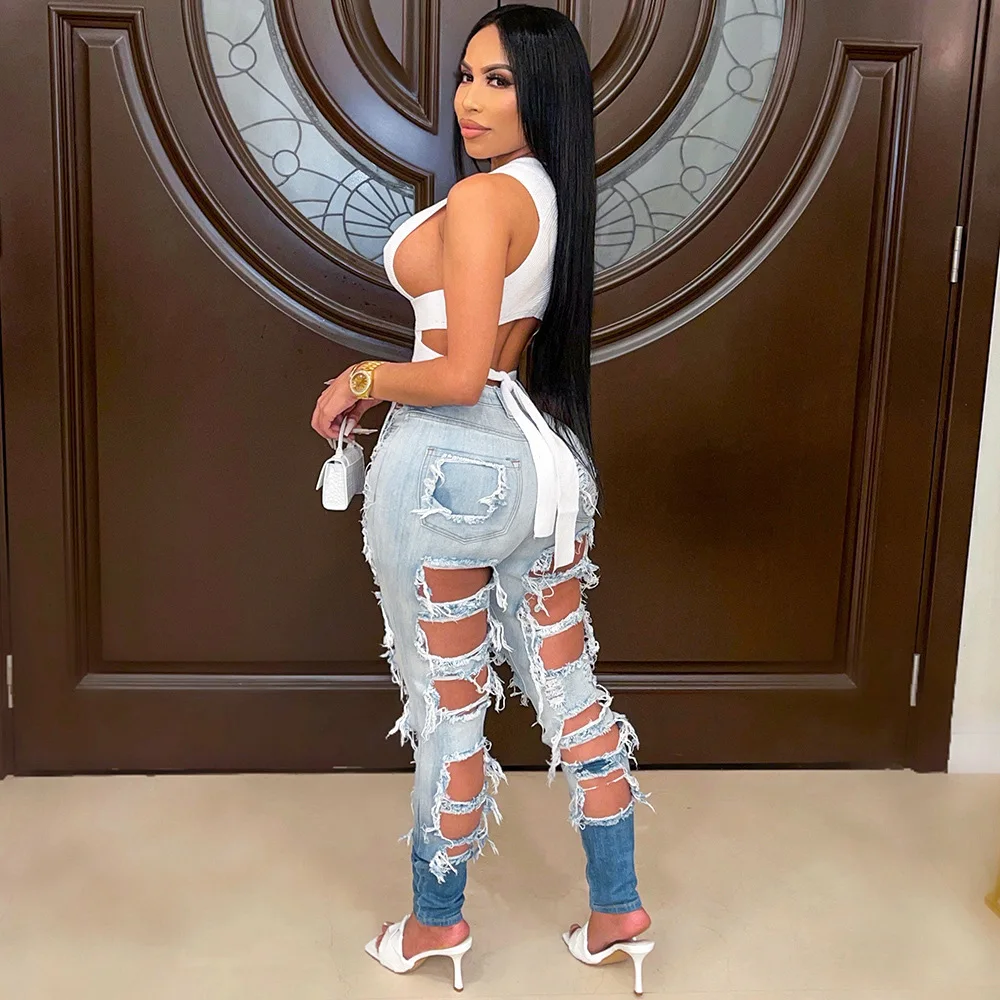 2022 Fashion Streetwear Ripped Jeans for Women Matte Gradient Sexy Cutout Denim Trousers Casual Hot Pants Women's Wear