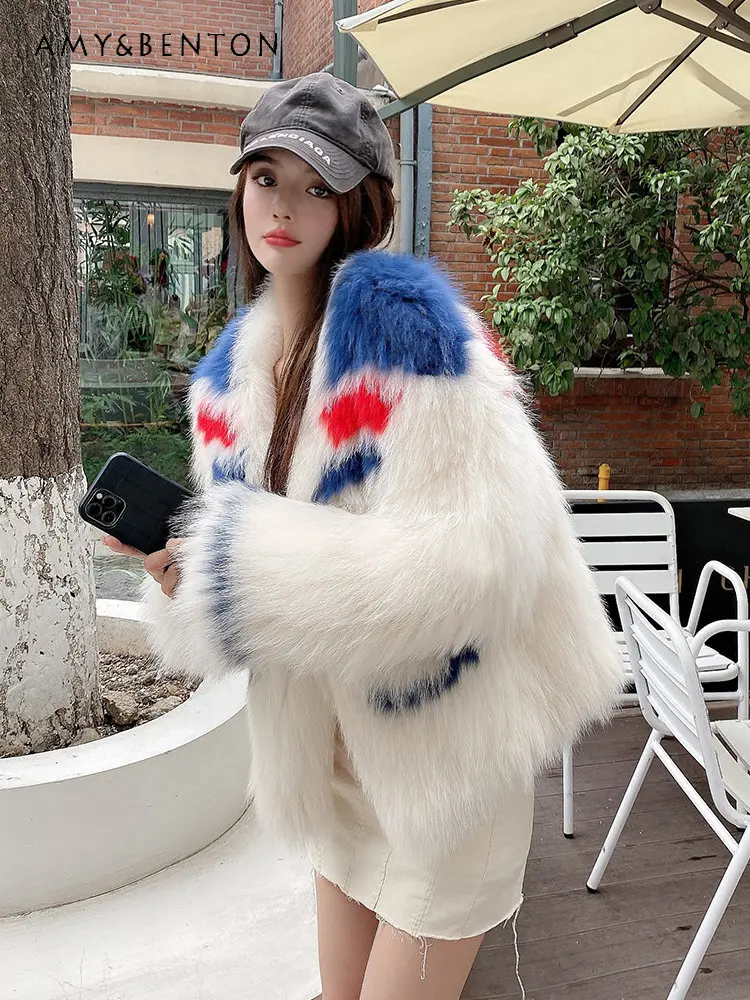 Autumn and Winter New Wool Woven Fur Coat for Female Contrast Color Fashion Wool Coat Ladies High Brand Wool Jackets Women