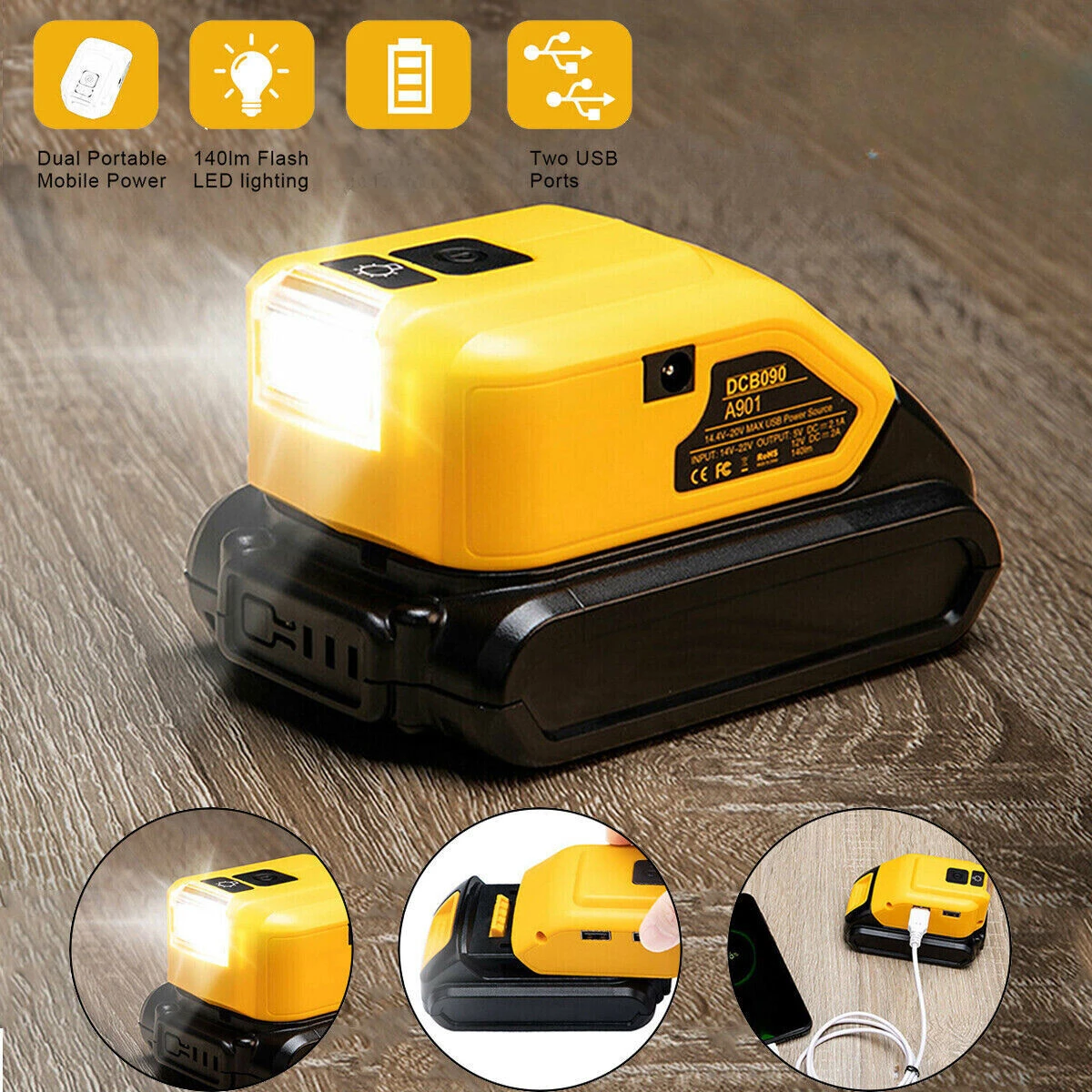 Фото Зарядное устройство DCB090 Power USB для литий-ионных аккумуляторов DeWalt 20V MAX, адаптер-конвертер с LED-подсветкой и портом DC №2