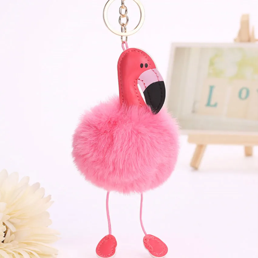 

Cute Women Fluffy Pompom Pink Flamingo Keychain on The Bags Rabbit Fur Ball Pompon Anime Key Chain Car Bag Trinket Llaveros Gift