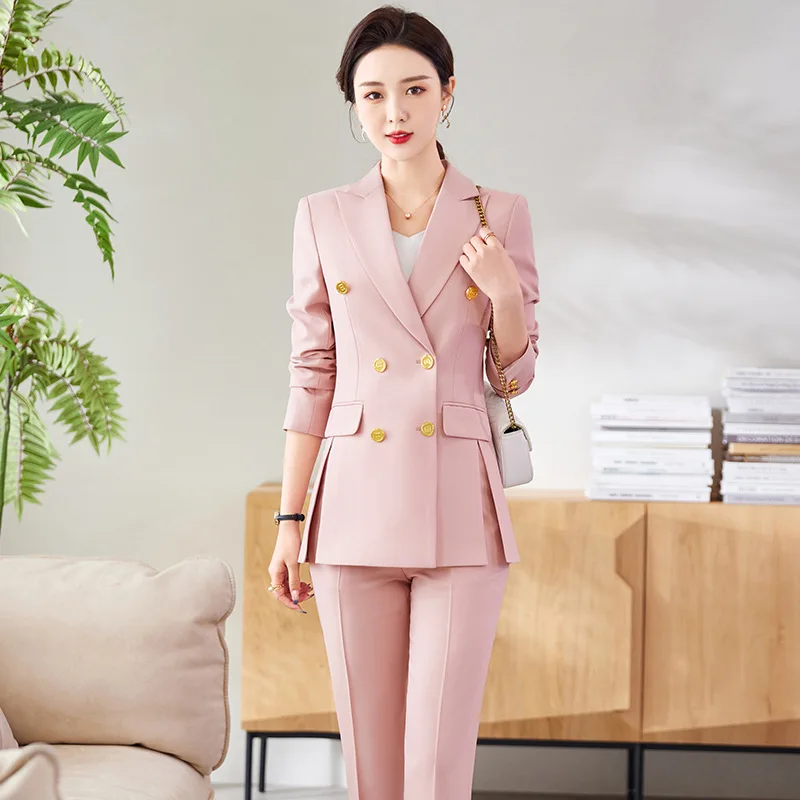 Pink Black Khaki Women Business Pant Suit Double Breasted Blazer Jacket and Trouser Office Ladies Work Wear Formal 2 Piece Set