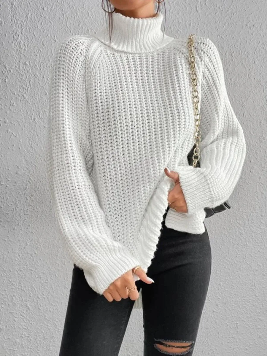 Фото 2024 Autumn Winter Clothes Women New Knitted Sweater Medium and Long Solid High Lapel Neck Split Sweater Pullover Dress Women №3