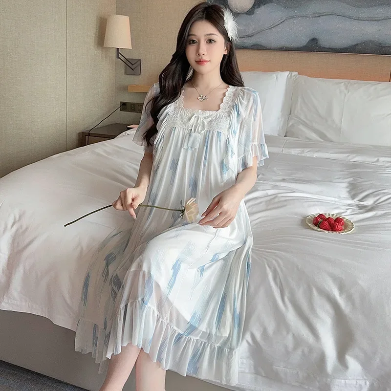 Летняя женская хлопковая кружевная ночная рубашка в стиле принцессы с