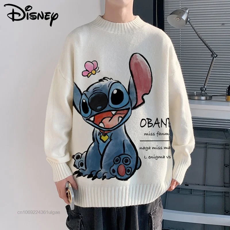 Disney Cartoon Stitch Print Trendy Sweater Men Casual Loose Pullovers Couples Design Korean Style Sweaters Soft Tops Sweatshirts