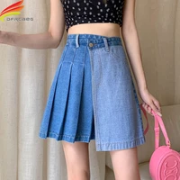 dfrcaeg 2022 summer denim mini skirt women patchwork color high waist a line pleated jean skirts korean fashion jupe femme