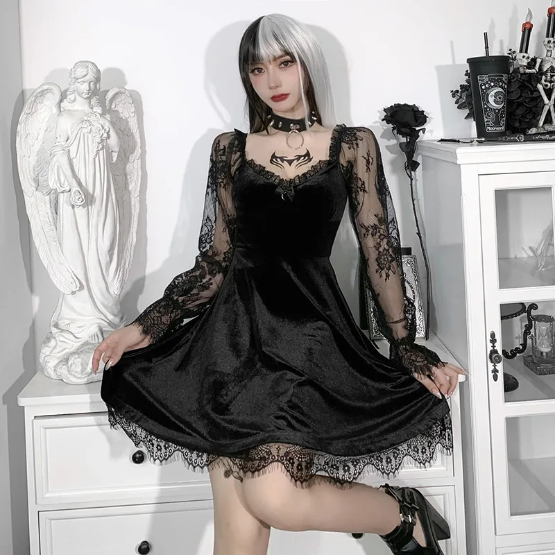 

Autumn New Sexy Lace Patch Chest Flare Long Sleeve Dress Ruffle Party Dress