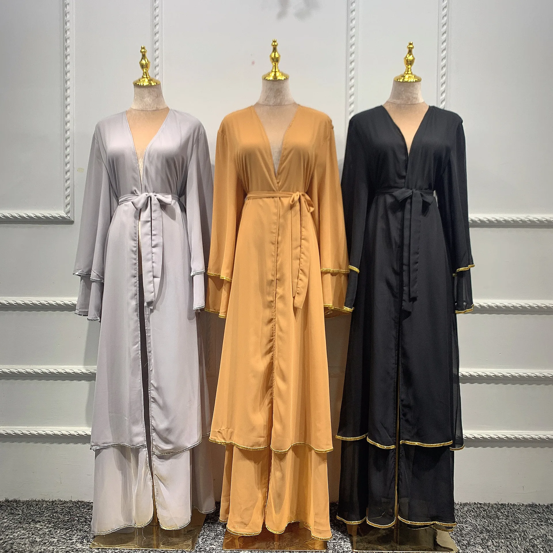 Open Abaya Kimono Dubai Turkey Cardigan Robe Spring Summer Ruffles Muslim Women Dress Caftan Macaroni Islamic Women Clothing