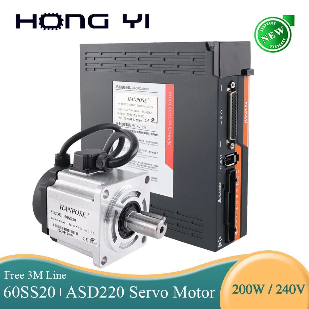 

200W Servo Motor Kit 1.5A 0.64N.m 60SS20 And ASD220 Servo Drive +3M Encoder Cable For Servo Woodworking CNC Router