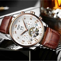 kinyued men skeleton tourbillon mechanical watch automatic classic rose gold leather strap wrist watches for men reloj hombre