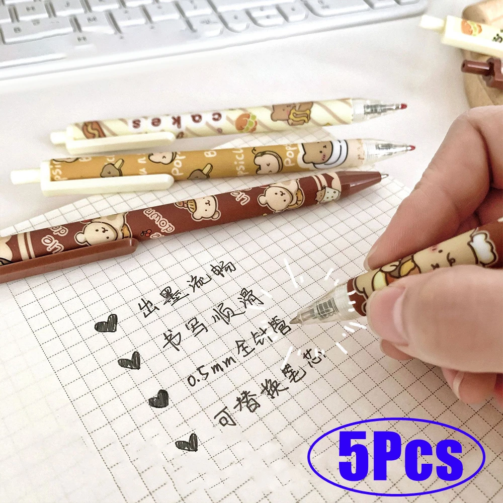 

5Pcs Cartoon Bear Press Pen Kawaii Gel Pen Student Stationery 0.5mm Black Ball Point Pens Students Writing Tool in School Office