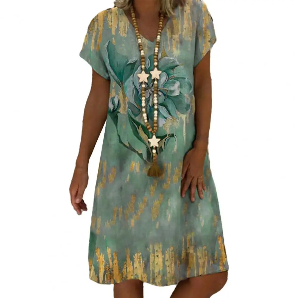 

Elegant Party Women Dress Flower Print Breathable Summer Dresses Vintage Loose Short Sleeve Dress