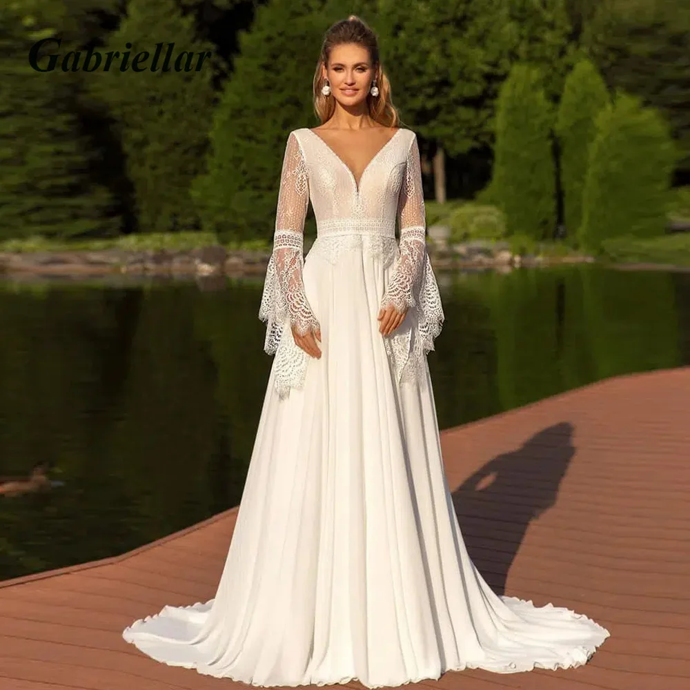 

Gabriellar Boho Chiffon Wedding Dress 2023 V-neck Appliques Backless Flare Sleeve A-line Vestidos De Novia Brautmode Customized