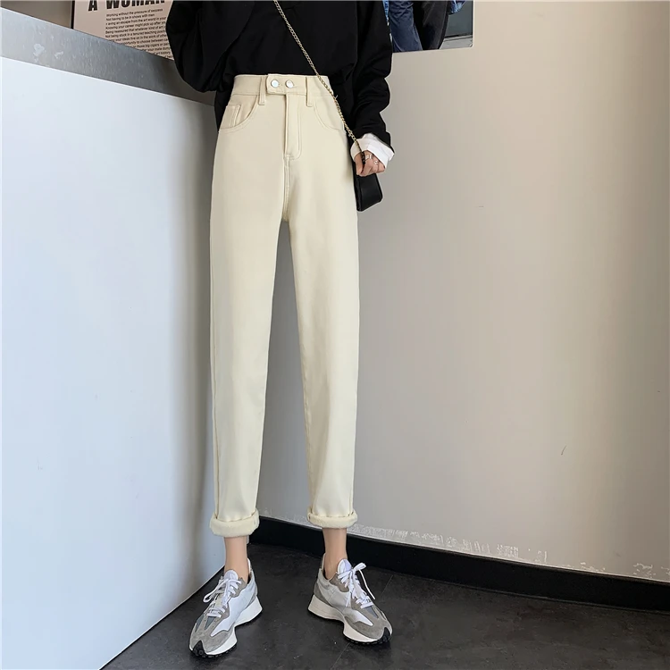 N1623   New Korean style double buckle semi-elastic waist straight-leg loose-fitting old jeans