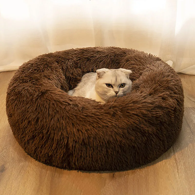

Round Cat Bed Super Soft Long Plush Dog Kennel Mat Puppy Round Cushion Portable Animal Sleeping Supplies Cats Winter Warm Bed