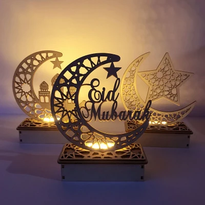 

Eid Mubarak Wooden Ornament 2023 Decoration Home Islam Muslim Party Decor Kareem Islamic Moon Hollow Letter Led Light Ramadan