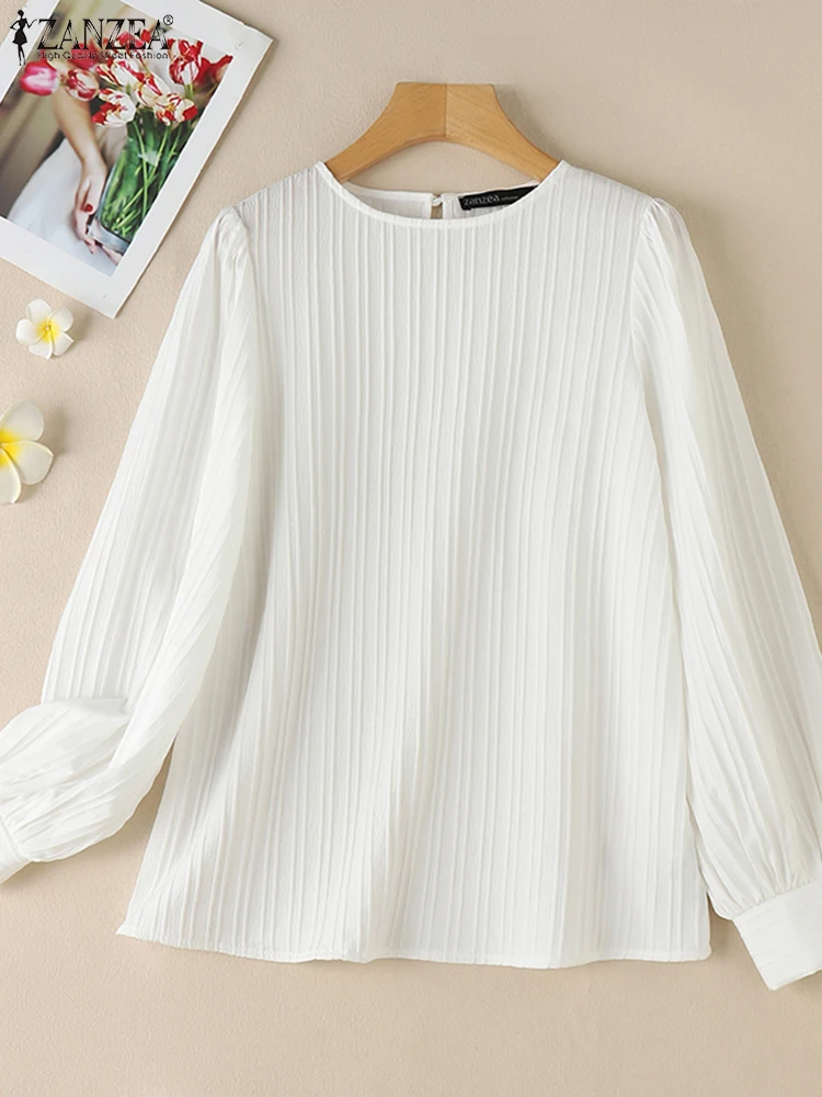 ZANZEA простые блузки из текстурированной ткани с круглым вырезом 2024 женские