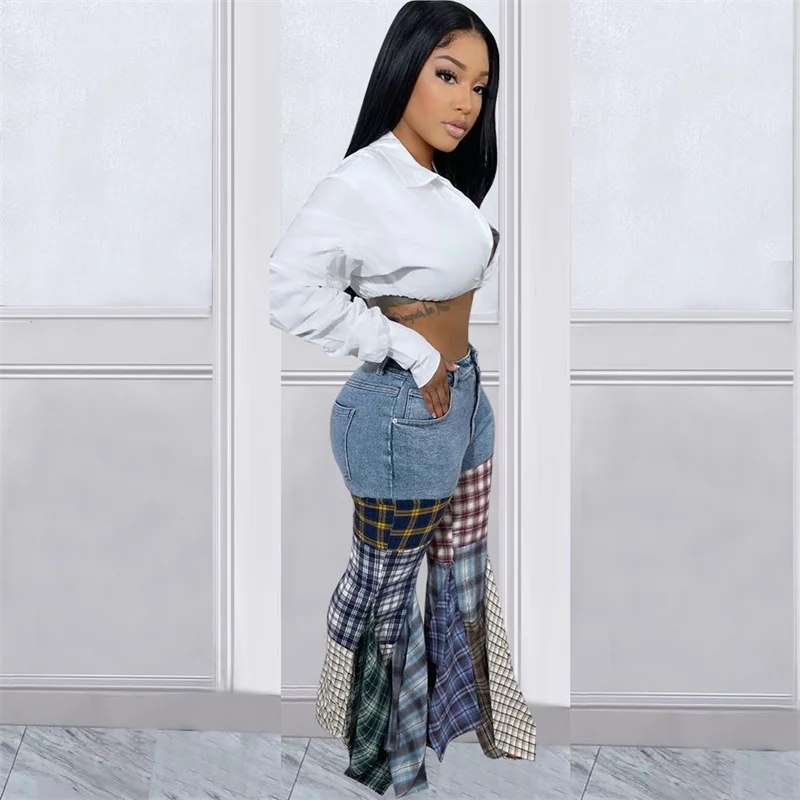 Jeans Flare Pants Denim Plaid Patchwork Ruffle Pants Women High Waist Button Fly Slim Boot Cut Denim Trousers Streetwear Capris