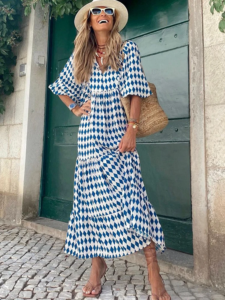 

Летнее Длинное Платье с принтом, женское повседневное свободное платье с пышными рукавами, элегантное пляжное платье макси в стиле бохо, же...