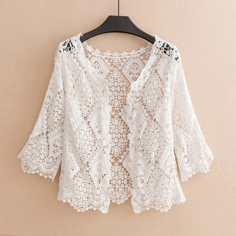 Summer Korean Style Thin Three-Quarter Sleeve Shawl Outer Match Lace Cardigan Small Hollow Sun Protection Clothing for Women