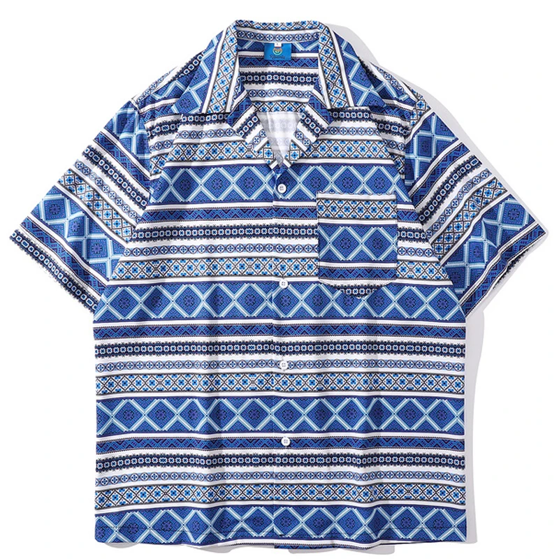 

2022 Summer Unisex Vintage Harajuku Africa Style Print Turn-Down Collar Couple Shirts Tropica Men Hawaii Short Sleeve Shirt