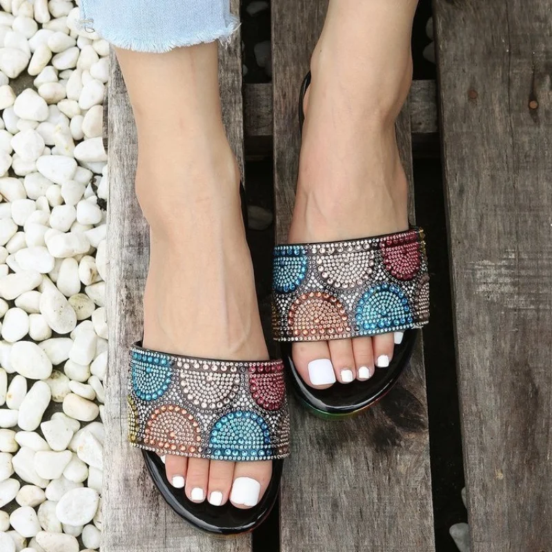 Shoes for Women 2023 Hot Sale Basic Women's Slippers Summer Rhinestone Rainbow Ladies Sandals Fashion Shiny Platform Beach Shoes
