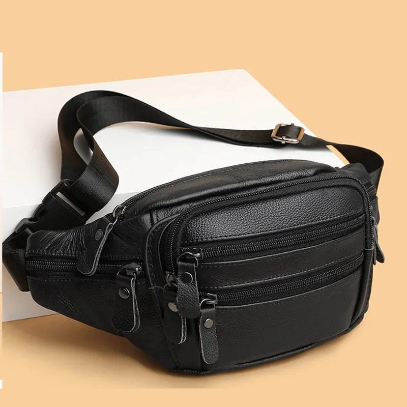 Real Genuine Leather Waist Bag for Men Cowhide Leather Fanny Bag for Phone Pouch Male Sling Shoulder Bag Unisex Belt Waist Packs