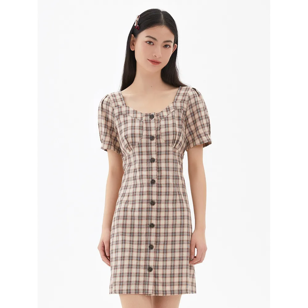 Metersbonwe Single Breasted Plaid Women Dresses Casual Summer 2022 New High-Waisted Commuter Square Collar Ladies Sexy Dress