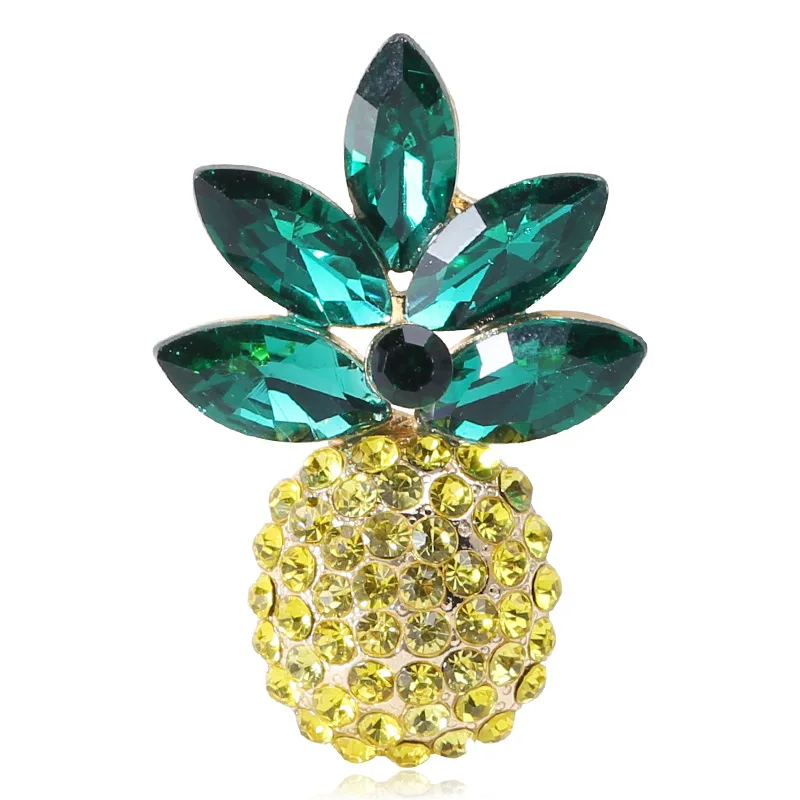

Yellow Zircon Pineapple Brooches for Women Shining Fruits Green Rhinstone Leaf Ananas Lapel Pin Cute Metal Alloy Jewelry Gift