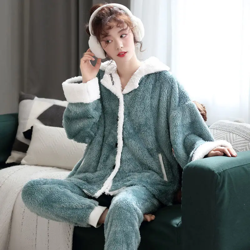 QWEEK Women's Winter Pajamas Green Gray Solid Color Coral Fleece Pijamas 2 Piece Set Home Suit Pyjamas Nightie Homewear Female
