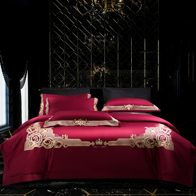 

Luxury 120S Egyptian Long Staple Cotton 4Pcs Bedding Precision Gold Embroidered Quilt/Duvet Cover Set Bed Linen Pillowcases