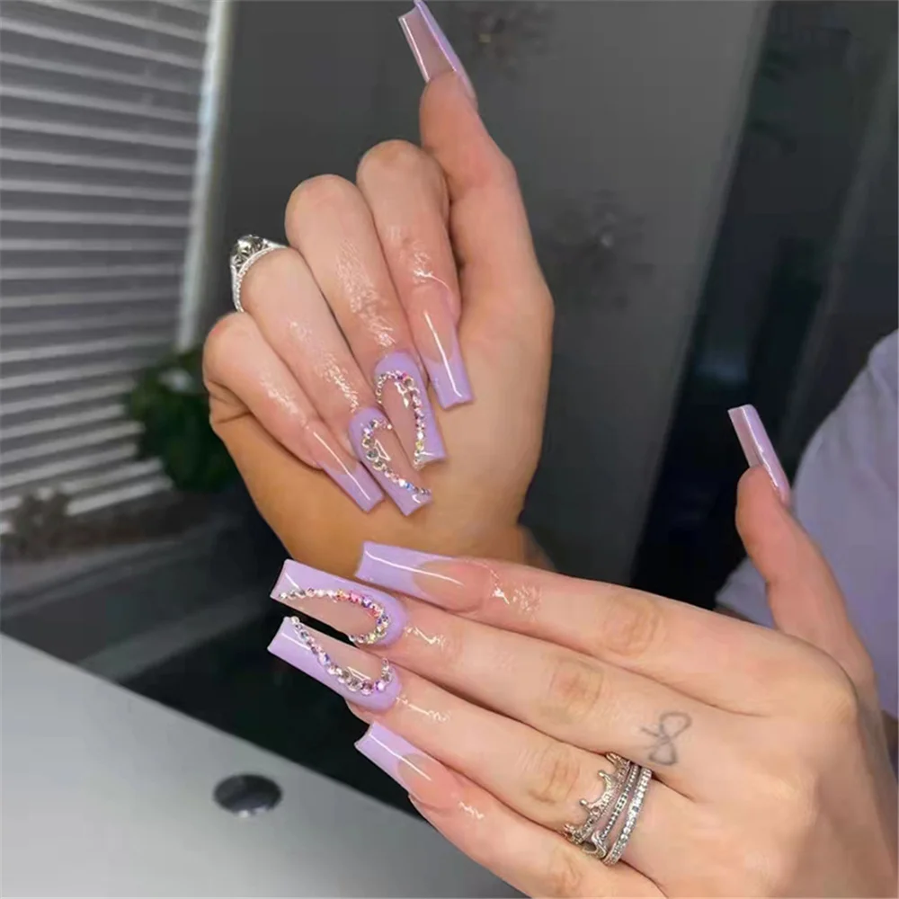 

24pcs/Box Purple French Coffin False Nails Manicure Patches Press On Nails Wearable Ballerina Fake Nails with Rhinestone Design