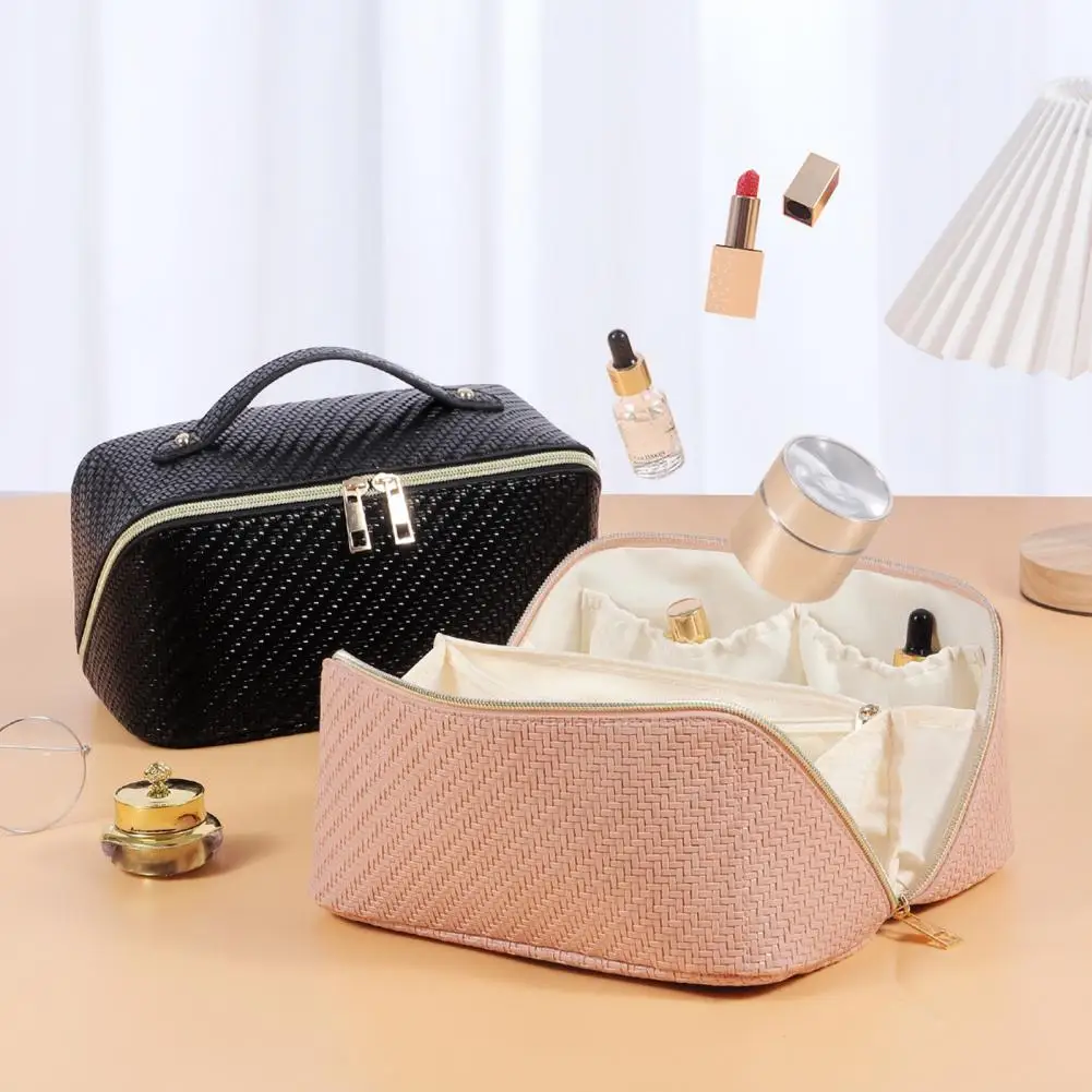

Travel Toiletry Bag Great Capacity Double Zippers Storage Organization Faux Leather Makeup Brush Lipstick Cosmetic Bag Storage T