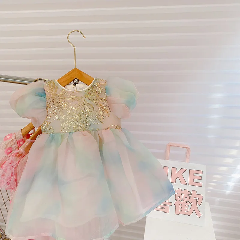 

2022 летнее платье для девочек с блестками градиентные радужные пышные рукава Сетчатое платье принцессы детская одежда