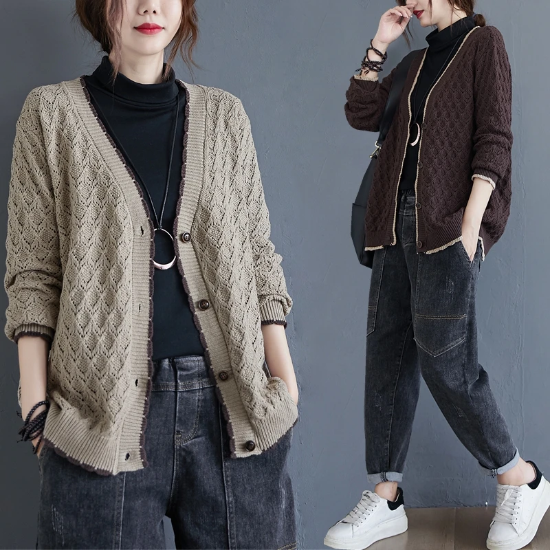 

Long Sleeved Knitted Cardigan Women's Autumn 2022 New Loose V-neck Hollow Lace Jacket Casual Top
