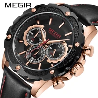 megir fashion gear dial waterproof clock for military use black leather band timing motion clock with night lightbox2070