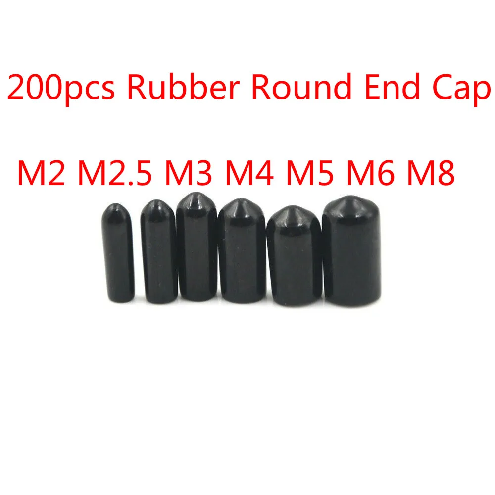 200pc Gummi Runde End Kappe M2 M 2,5 M3 M4 M5 M6 M8 M12 Abdeckung für Rohr Kunststoff Rohr hub Schraube Gewinde Protector Push-fit Kappe Schwarz