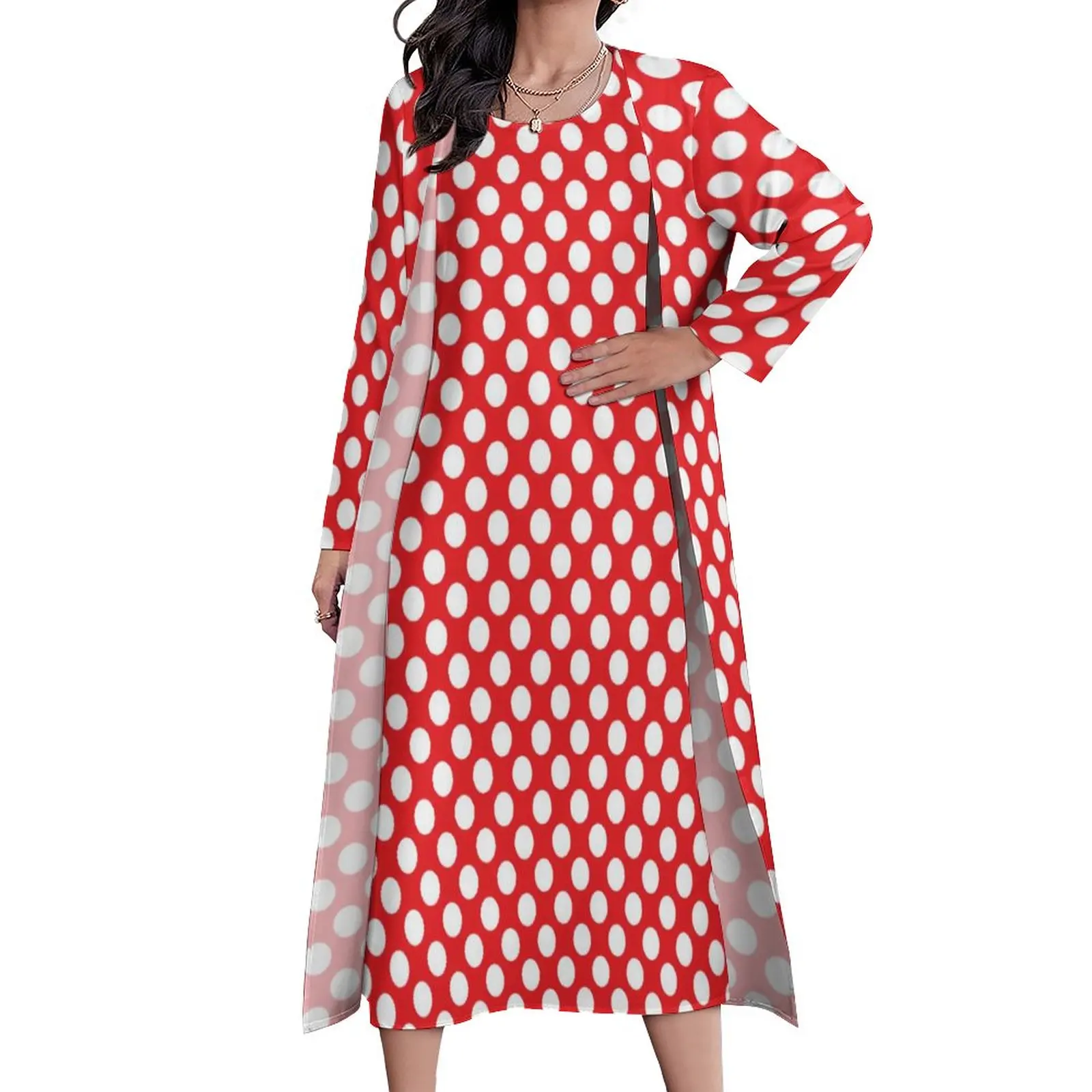 

White And Red Polka Dot Dress Vintage Spot Print Maxi Dress Street Fashion Bohemia Long Dresses Autumn Two Piece Graphic Clothes